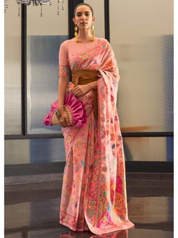 Mysilklove - Macaroni Peach Jamewar Kashmiri Cotton Silk Saree Without Blouse