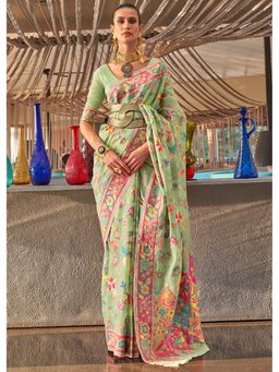 Mysilklove - Misty Moss Green Jamewar Kashmiri Cotton Silk Saree Without Blouse