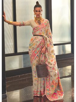 Mysilklove - Cashmere Cream Jamewar Kashmiri Cotton Silk Saree Without Blouse