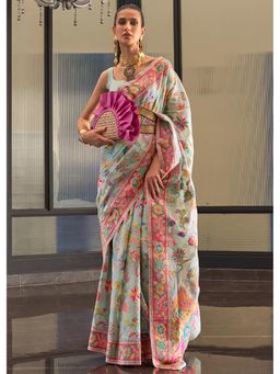 Mysilklove - Envy Blue Jamewar Kashmiri Cotton Silk Saree Without Blouse