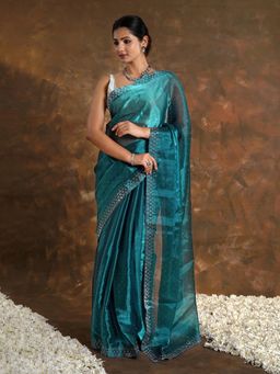Teejh - Aquamarine Tissue Charm Saree Without Blouse