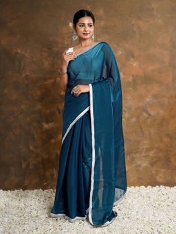 Teejh - Teal Elegance Tissue Saree Without Blouse
