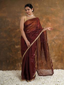 Teejh - Majestic Maroon Tissue Saree Without Blouse