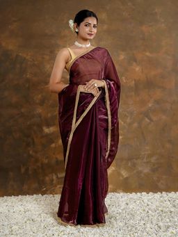 Teejh - Burgundy Velvet Tissue Saree Without Blouse