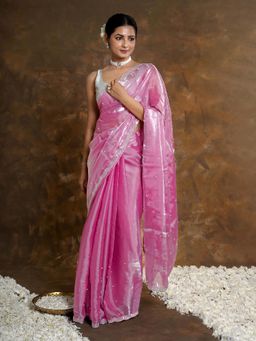 Teejh - Pearlescent Pink Tissue Saree Without Blouse