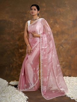 Teejh - Bhavna Blush Pink Tissue Saree Without Blouse