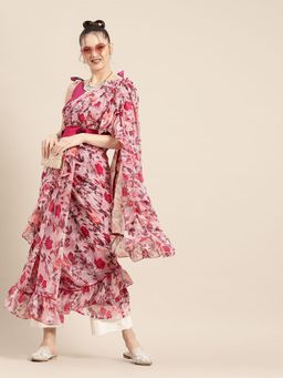 Tikhi Imli - Pink Floral Printed Georgette Ruffle Saree & Unstitched Blouse