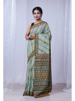 Unnati Silks - Turquoise Pure Bagru Printed Soft Cotton Saree & Unstitched Blouse