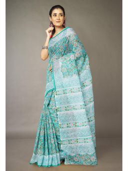 Unnati Silks - Green Pure Hand Block Printed Kota Saree & Unstitched Blouse