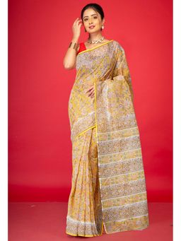 Unnati Silks - Yellow Pure Hand Block Printed Kota Saree & Unstitched Blouse