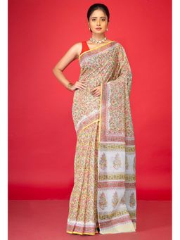 Unnati Silks - Yellow Pure Hand Block Printed Kota Saree & Unstitched Blouse