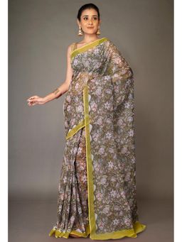 Unnati Silks - Green Pure Hand Block Printed Kota Saree & Unstitched Blouse