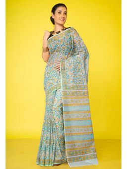 Unnati Silks - Green Pure Hand Block Printed Kota Saree & Unstitched Blouse