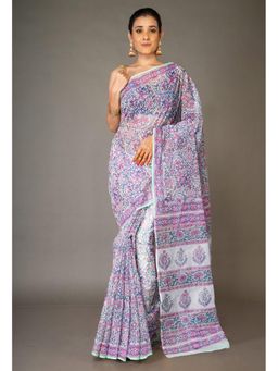 Unnati Silks - Purple Pure Hand Block Printed Kota Saree & Unstitched Blouse