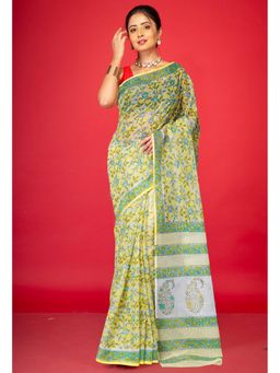 Unnati Silks - Yellow Pure Hand Block Printed Kota Saree & Unstitched Blouse