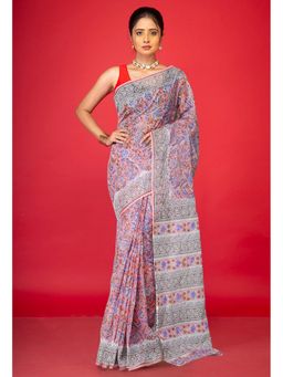 Unnati Silks - Pink Pure Hand Block Printed Kota Saree & Unstitched Blouse