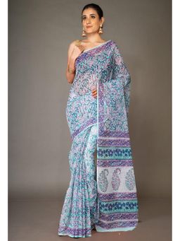 Unnati Silks - Green Pure Hand Block Printed Kota Saree & Unstitched Blouse
