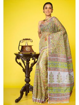Unnati Silks - Green Pure Hand Block Printed Kota Saree & Unstitched Blouse