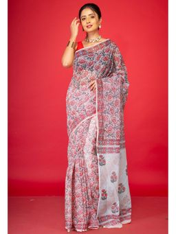 Unnati Silks - Red Pure Hand Block Printed Kota Saree & Unstitched Blouse