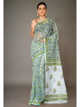 Unnati Silks - Green Pure Hand Block Printed Kota Saree & Unstitched Blouse
