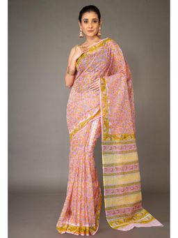 Unnati Silks - Pink Pure Hand Block Printed Kota Saree & Unstitched Blouse