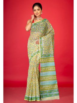 Unnati Silks - Yellow Pure Hand Block Printed Kota Saree & Unstitched Blouse