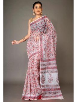 Unnati Silks - Pink Pure Hand Block Printed Kota Saree & Unstitched Blouse
