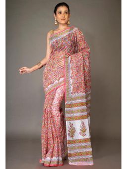 Unnati Silks - Red Pure Hand Block Printed Kota Saree & Unstitched Blouse