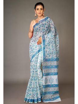 Unnati Silks - Blue Pure Hand Block Printed Kota Saree & Unstitched Blouse