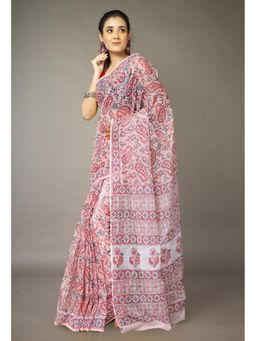 Unnati Silks - Orange Pure Hand Block Printed Kota Saree & Unstitched Blouse