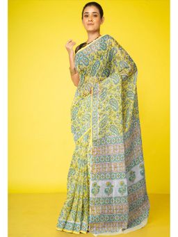 Unnati Silks - Yellow Pure Hand Block Printed Kota Saree & Unstitched Blouse