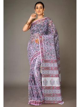 Unnati Silks - Lavender Pure Hand Block Printed Kota Saree & Unstitched Blouse