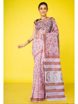 Unnati Silks - Pink Pure Hand Block Printed Kota Saree & Unstitched Blouse