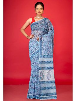 Unnati Silks - Blue Pure Hand Block Printed Kota Saree & Unstitched Blouse