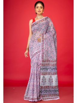Unnati Silks - Lavender Pure Hand Block Printed Kota Saree & Unstitched Blouse