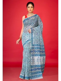 Unnati Silks - Blue Pure Hand Block Printed Kota Saree & Unstitched Blouse