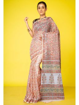 Unnati Silks - Orange Pure Hand Block Printed Kota Saree & Unstitched Blouse