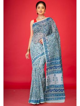 Unnati Silks - Blue Pure Hand Block Printed Kota Saree & Unstitched Blouse