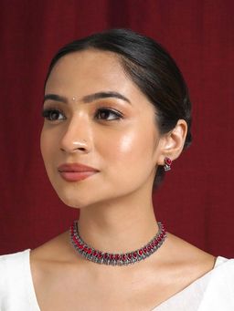 Teejh - Silver Maroon Blossom Necklace Set