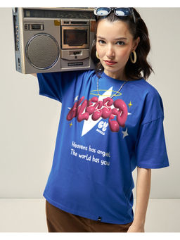 Bewakoof - Women's Blue Blessed Graphic Printed Oversized T-shirt