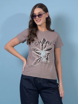CRIMSOUNE CLUB - Women Brown Graphic Print T-Shirt