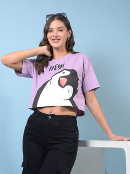 CRIMSOUNE CLUB - Women's Purple Graphic Print Cropped Oversize T-Shirt