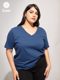 Twenty Dresses by Nykaa Fashion - Curve Navy Blue Solid V Neck Basics Tshirt