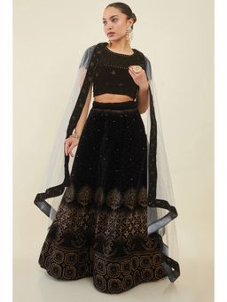 Soch - Women Black Velvet Unstiched Lehenga with Stone Embellished Designs (Set of 3)