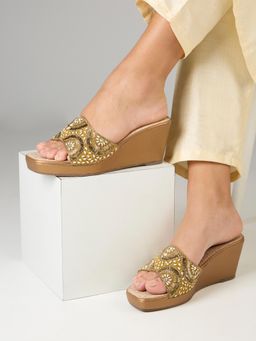 Inc.5 - Women Bronze Ethnic Embellished Square Toe Wedges
