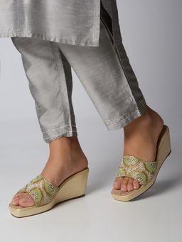 Inc.5 - Women Gold Ethnic Embellished Square Toe Wedges