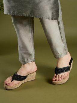 Inc.5 - Women Black Ethnic Embellished Open Toe Wedges