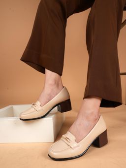 Liscott - Comfortable Beige Block Heels Loafers for Women