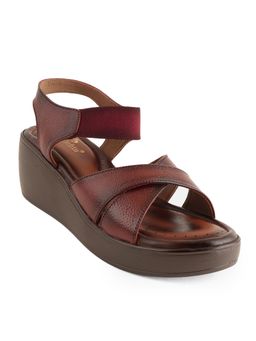 Dollphin - Women Maroon Leather Wedge Heel Sandals