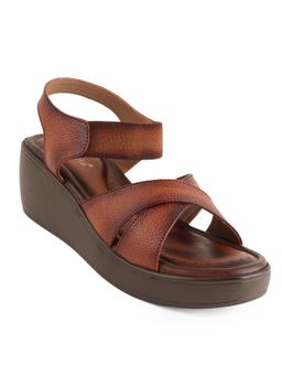 Dollphin - Women Tan Leather Wedge Heel Sandals